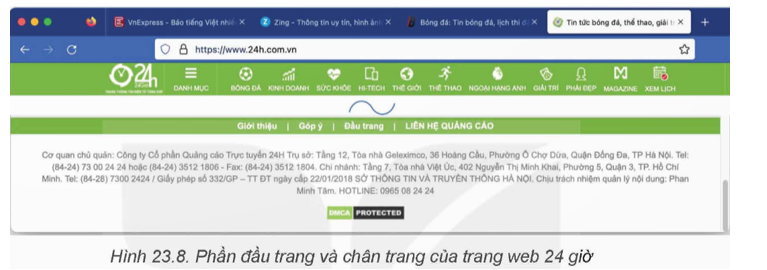 Hãy phân tích phần đầu trang và chân trang của trang web 24 giờ ở Hình 23.8 và chỉ rõ các vị trí các phần tử mà em nhận dạng được (ảnh 1)